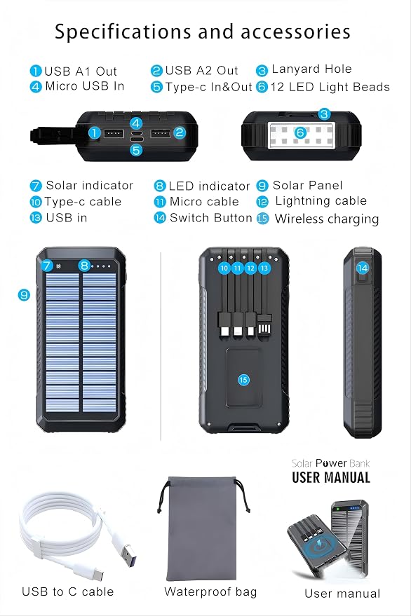 DJKK Solar Power Bank Wireless Charger 52800mAh Built in 4 Cables and LED Camping Lights 22.5W Fast Charging Power Bank 7 Outputs 4 Inputs Portable Charger Compatible with All Mobile Devices (Black)