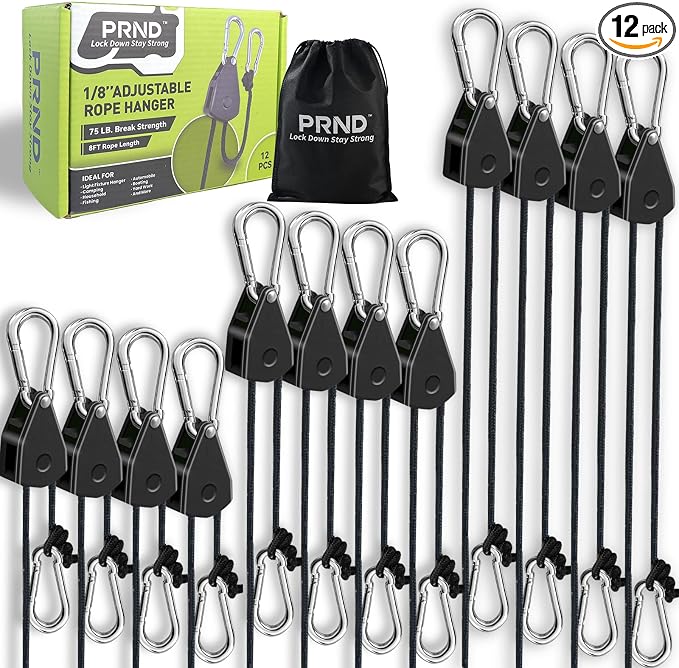 PRND 12-Pack 1/8" Adjustable Rope Hangers - 8FT Heavy Duty Pulley System with Reinforced Plastic Gear for Hanging Plants Grow Light and Tie-Downs for Various Purposes, (12) Black