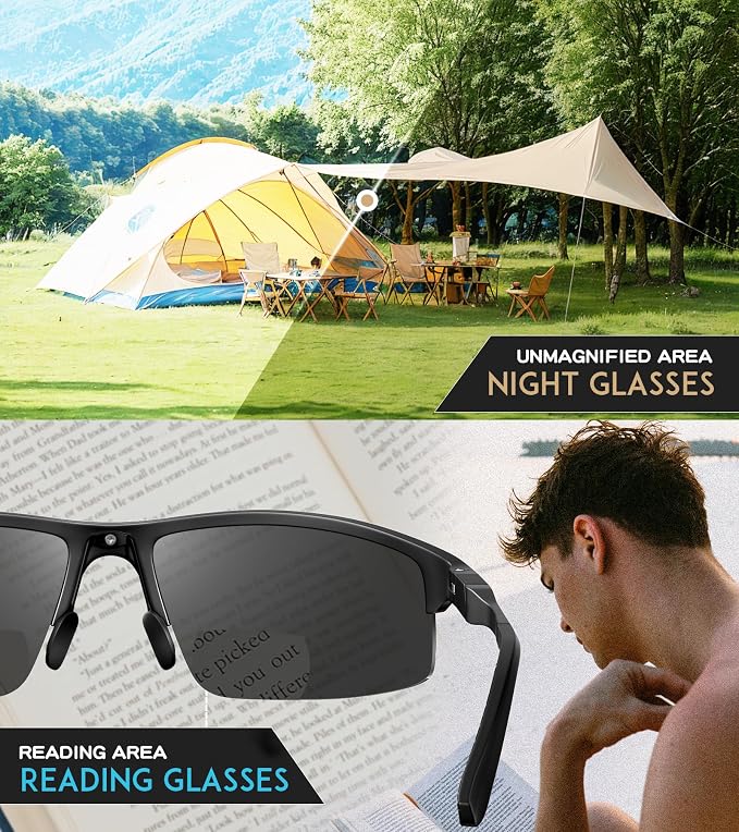 SKYOAK Sports Bifocal Reading Sunglasses Men Wrap Around UV 400 Protection Aluminum Frame Glasses Spring Hinge Semi Rimless Sun Readers Built In Driving/Running/Fishing Gunmetal, 3.0
