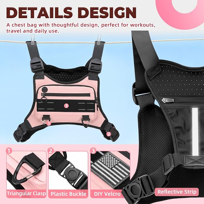 Muserise Sports Chest Bag For Men Women, Water Resistant Lightweight Front Chest Pack, Running Vest Bag With Built-In Phone Holder & Extra Storage For Workouts, Running, Cycling (Pink)
