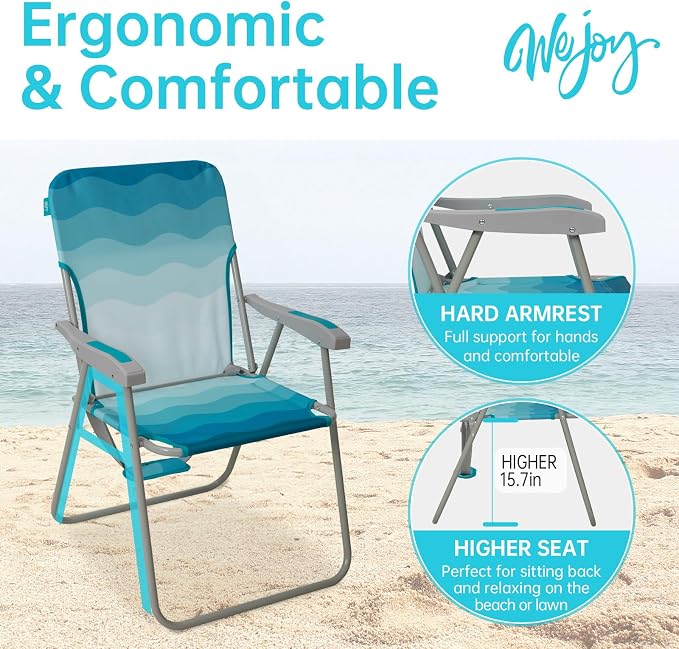 #WEJOY Folding Beach Chair for Adults, Lightweight Beach Chair with Shoulder Straps, High Back Camping Chairs with Hard Armrest, Supports 300lbs for Outdoor Lawn Concert