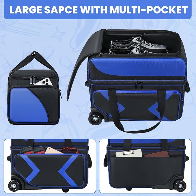 3 Ball Bowling Bags with Wheels and Shoes Compartment, Roller with Multipocket, 2 Ball Bowling Roller Bag + 1 Ball Color Matching Add On Tote (Blue-Black)