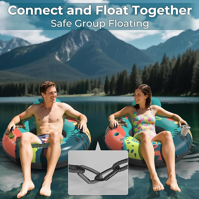 53" Heavy Duty River Tube Float for Adults,Inflatable River Raft Float for Pool Lake Beach with Built-in Cup Holders, Ergonomic Backrest,Durable Grip Handles & Grab Rope, 360Lb Weight Capacity