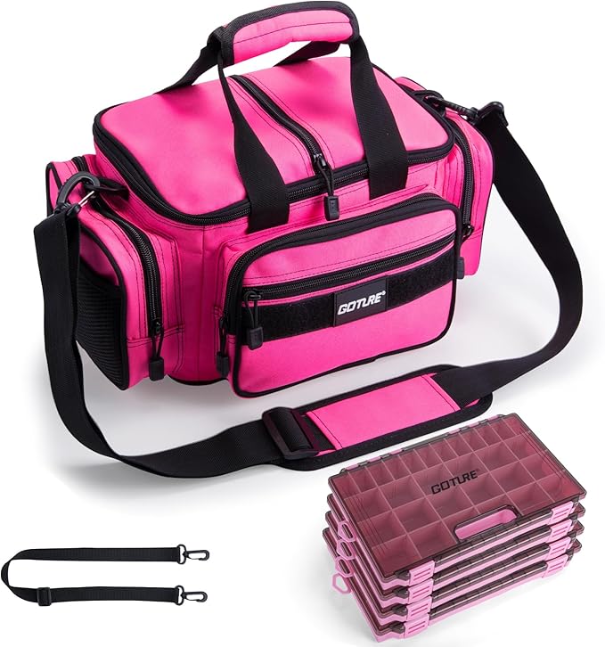 Goture Fishing Tackle Bag with 4 Tackle Boxes, Soft Side 600D Water-Resistant Cross Body Sling Fishing Bag, Small Saltwater Gear Storage Tactical Bags, Gifts for Men/Women (15.75"x9.45"x8.27")