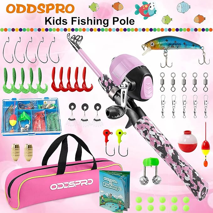 ODDSPRO Kids Fishing Pole - Portable Telescopic Kids Fishing Rod and Reel Combo Kit - with Spincast Fishing Reel Tackle Box for Girls, Youth