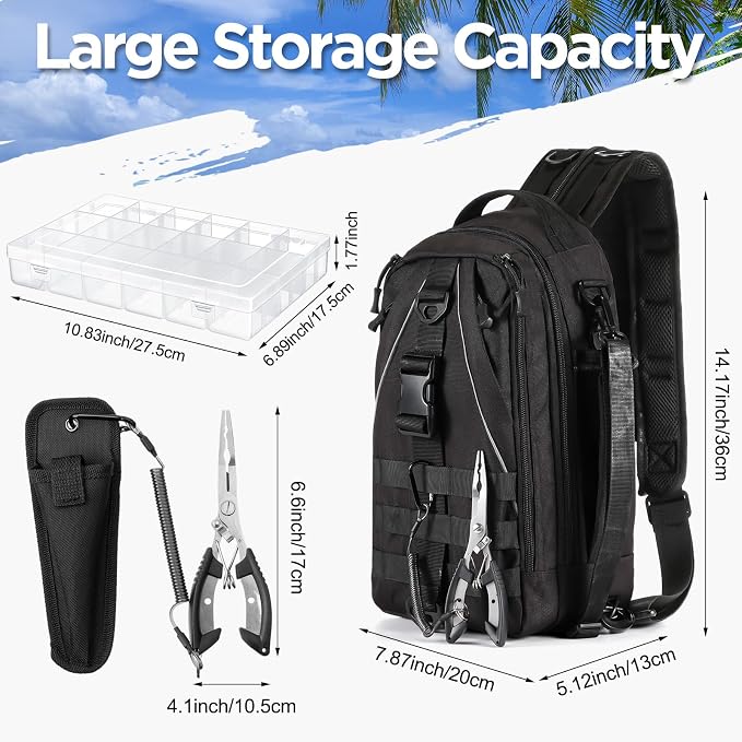 RoundFunny 85 Pcs Fishing Backpack with Tackle Boxes, Tackle Sling Bag with Rod Holder, Fish Lures and Pliers, Fish Tools Gears & Equipment Father's Day Fishing Gift for Dad Men