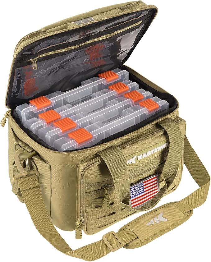 KastKing Karryall with Box Tackle Bag, Saltwater & Freshwater Gear Storage | 4 x 3600 Tackle Trays are included, Water-resistant, Padded Shoulder Strap, 20L, Store up to (6) 3600 size Lure Boxes