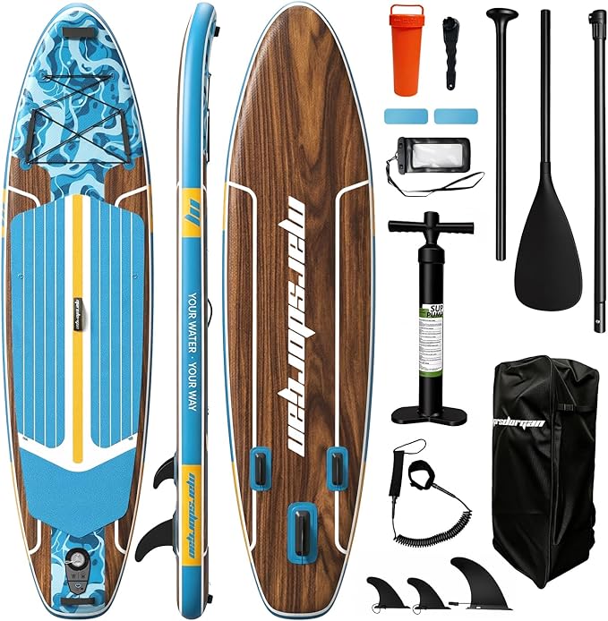 11ft Inflatable Stand Up Paddle Board, Wood Grain Ultra Lightweight SUP, 430lb Capacity for Adults Youth Family, for Fishing Surfing Camping, Includes Backpack & Pump
