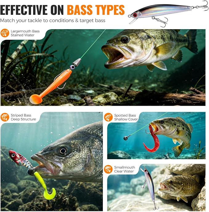 PLUSINNO Bass Fishing Lures Tackle Box Kit for All Water, 307 pcs | Pro Bass Fishing Gear Kit, for Freshwater Lake, Largemouth Bass, 6 Pre-rigged Jigs, Fishing Lure Set Gifts for Men Beginners
