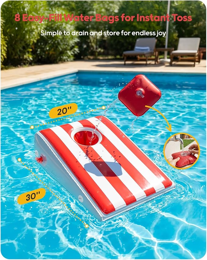 QPAU Inflatable Floating Cornhole Boards with 8 Water Bags, 3x2ft Corn Hole Games for Adults & Kids (Age 6+), Portable Cornhole Set for Swimming Pool, Pool Toss Game for Lake, Beach (with Hand Pump)