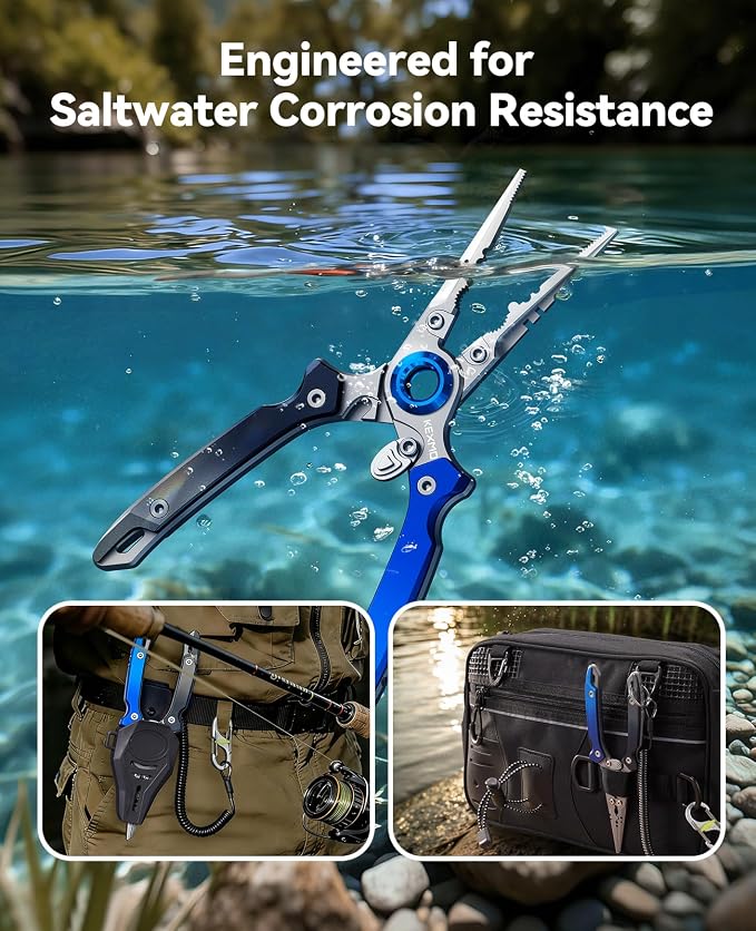 KEXMO 17-4 Stainless Steel Fishing Pliers, Anti-Twist Saltwater Hook Remover Tool, 7.17" Split Ring Pliers with Tungsten Cutters, Lightweight Aluminum Scales, Luminous Locking S-Carabiner