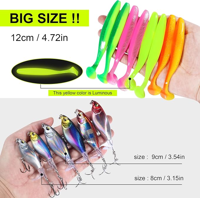 100 Pcs Fishing Lures Ploppers Equipment Tackle Gear Box for Bass, Floating Rotating Tail, Hard Fish Kit with Soft Lure,Hooks, Accessories Tools,Plastic Bait, Swimbait