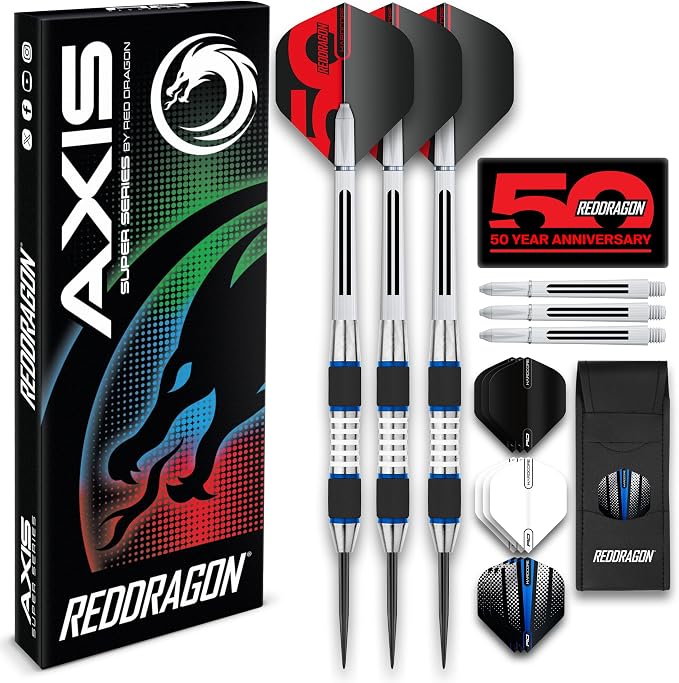 RED DRAGON Axis Professional Darts Set - 85% Tungsten Darts with Flights, Shafts & Wallet, Soft Tip 18g and Steel Tip 24g - 28g