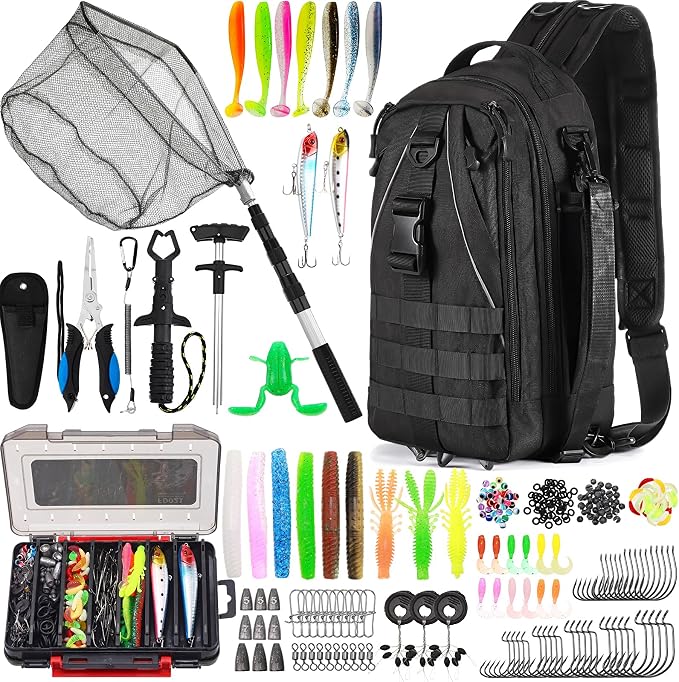 RoundFunny 256 Pcs Fishing Backpack with Tackle Box Gears, Tackle Sling Bag Backpack, Fishing Hook, Lures, Retractable Landing Net, Plier, Lip Gripper, Hook Remover, Fish Gift Men