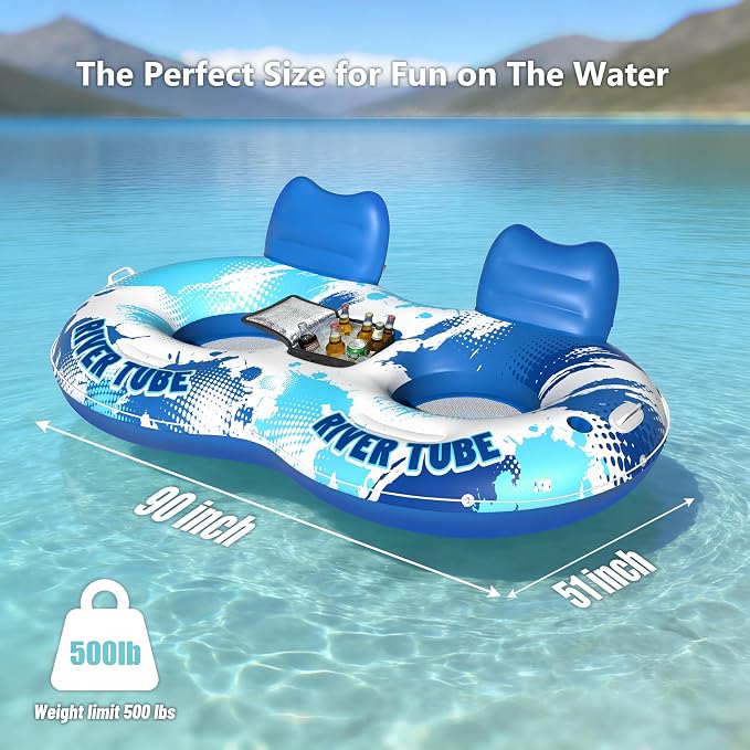 JOSEN Inflatable River Tube Float - 2 Person Heavy Duty River Float, Pool Floats Adult, Lake River Floats Water Tubes for Floating with Removable Cooler & Cupholders for Summer Relaxation