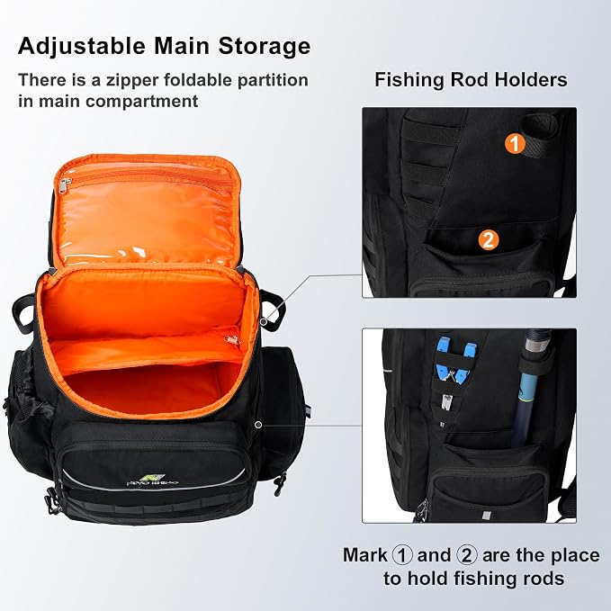 N NEVO RHINO Fishing Tackle Backpack with Rod Holders, 40L Large Fishing Bag with Waterproof Rain Cover,Outdoor Tackle Bag
