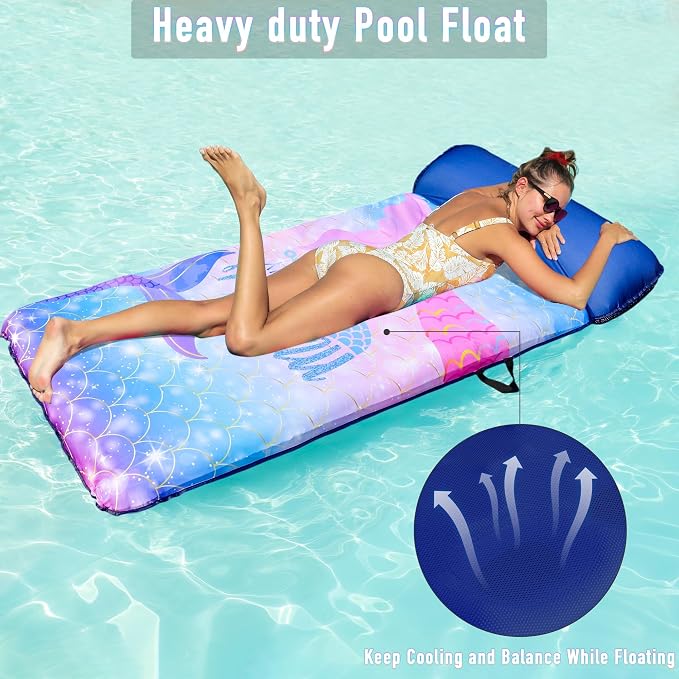 FindUWill Oversized Pool Float Lounge, 72" X 37" Extra Large Fabric-Covered Pool Floats for Adults, Inflatable Contour Lounger with Headrest Ultra-Comfort Cooling Pool Raft (XL, Monstera)