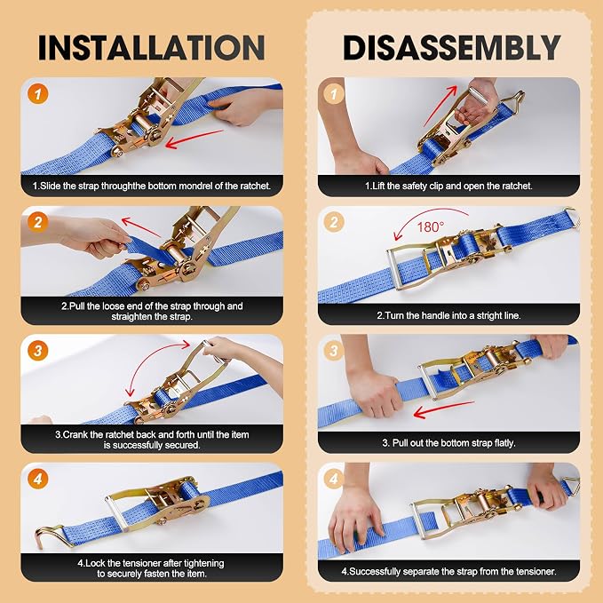 4Pack Ratchet Straps Heavy Duty-2 Inch x 20 Feet(7,500lb Break Strength), Tie-Down Ratcheting with J-Hook Cargo Straps Tiedown Ratchet for Moving and Transports with Trailers, Pickup, Flatbed Trucks