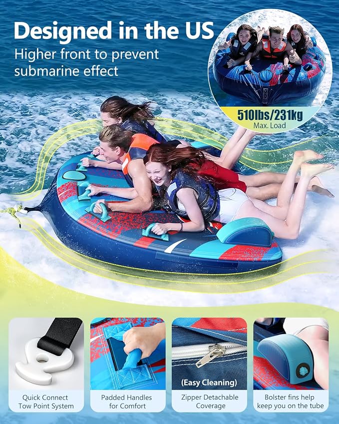 2025 Upgrade Towable Tubes for Boating 1-3 Riders Inflatable Water Sport Towable Tube for Boat Heavy Duty Nylon Cover with Zipper Bolster Fins Safety Air Valve Padded Handle