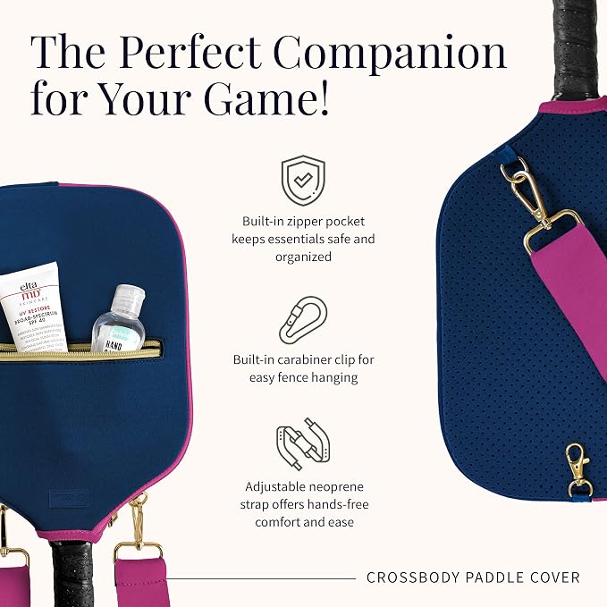 Posh Pickler Crossbody Neoprene Pickleball Bag - Paddle Cover with Adjustable Strap, Built-in Pocket for Essentials, Carabiner Fence Clip, Add-On Ready D-Rings, and Durable Design for Everyday Use