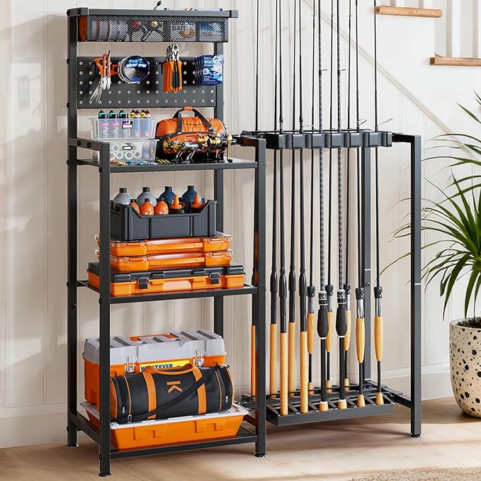 Fishing Rod Holders for Garage, Fishing Pole Holder with 3 Tier shelf, Heavy Duty Fishing Pole Rack with Pegboard & Basket, Fishing Rod Rack Hold up to 12 Fishing Rods, Ideal Fishing Gifts, Black