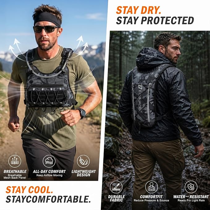 BECOJADDE Running Vest for Men with 2L Water Bladder Tactical Hydration Backpack Adjustable Lightweight Chest Pack for Marathon Hunting Cycling