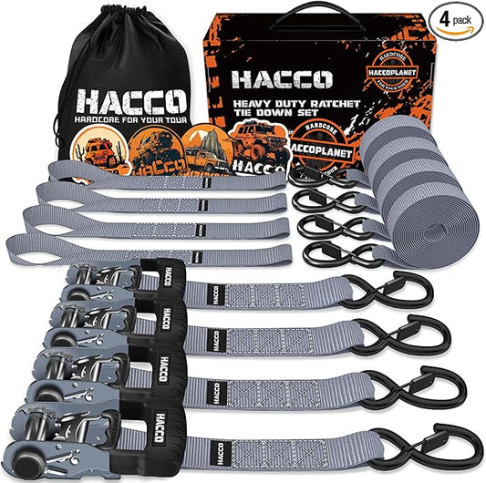 HACCOPLANET Ratchet Straps, 5280lb Break Strengeth, 1.6" Heavy Duty Ratchet Tie Down Strap Set w/Padded Handle, S Hook, Soft Loop for UTV Motorcycle Truck Cargo Straps (Grey, 16FT)