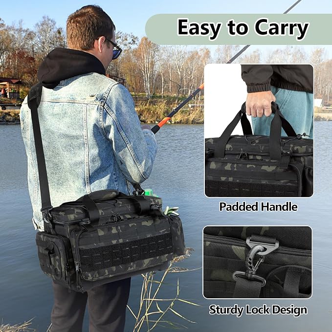 GOBUROS Waterproof Fishing Tackle Bag with Waterproof EVA Bottom (No Tackle Boxes in Package), Soft Tackle Box Storage Bag with Rod Holder, Pliers Storage for Fishing
