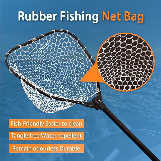 74.8in Fishing Net with Handle, Collapsible Foldable Landing Net Extendable with Aluminum Handle, Large Rubber Foldable