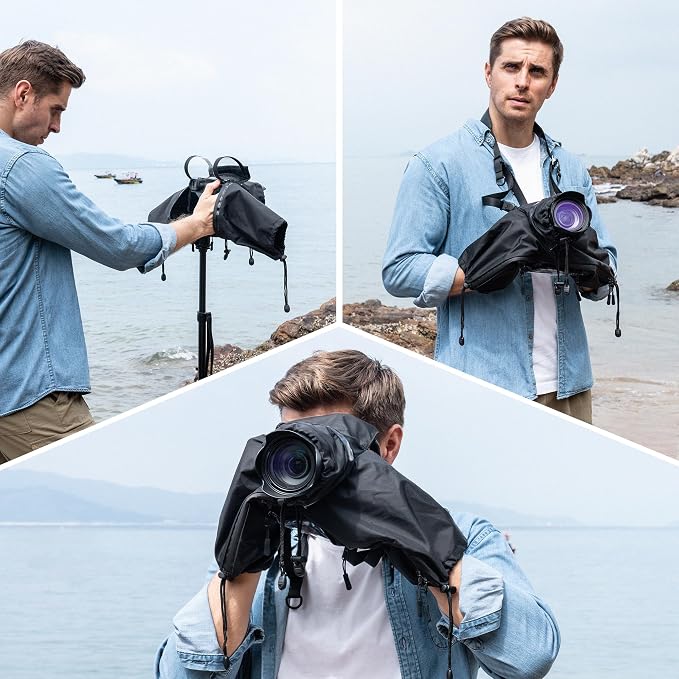 JJC Camera Rain Cover Sleeve for Canon Nikon Sony Fujifilm Mirrorless Camera with Lens Below 7.1x5.5x9.1” (WxHxD), Nylon Camera Rain Coat Protector with Zippered See Through Windows-Black