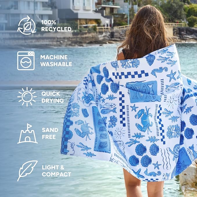 Dock & Bay Beach Towel - Quick Dry, Sand Free - Compact, Lightweight - 100% Recycled - Includes Bag - Grecian Shores - Extra Large (200x90cm, 78x35)