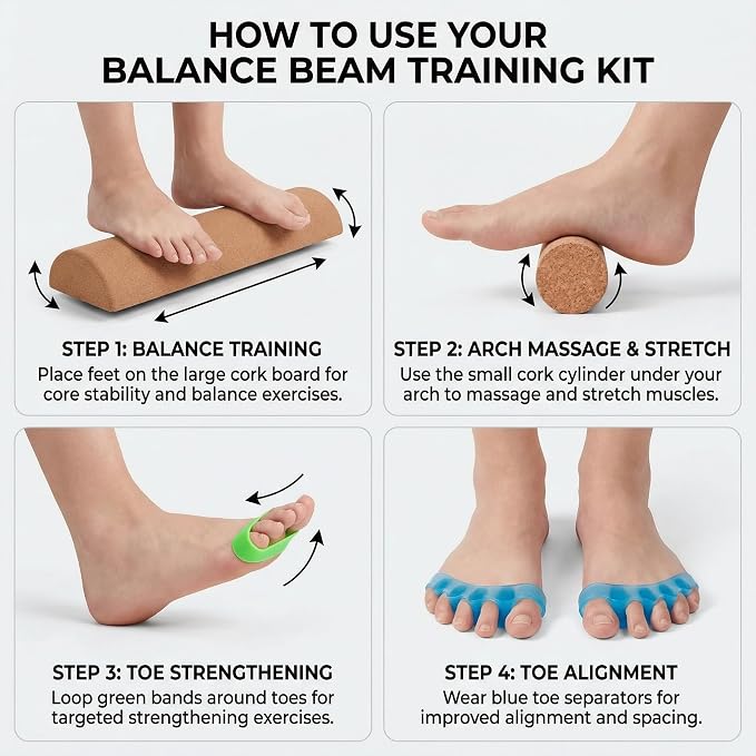 Cork Balance Board, 4-in-1 Foot & Ankle Strengthener Kit with Massage Roller, Ball, Resistance Bands & Toe Separators, Premium Balance Trainer for Physical Therapy, Plantar Fasciitis Relief & Stability Training
