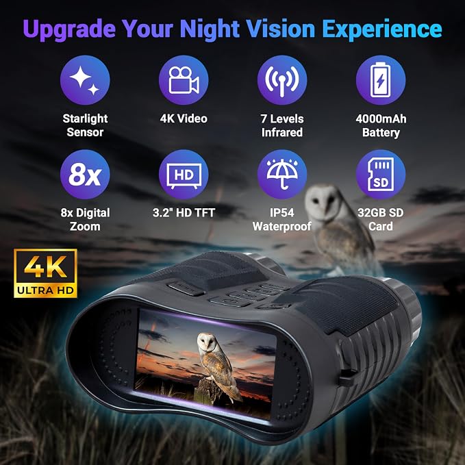 Upgraded Pro Night Vision Binoculars - Ultra 4K Night Vision Goggle with 8X Digital Zoom, 3.2" Screen Display, 32GB SD Card – See Clearly in Total Darkness