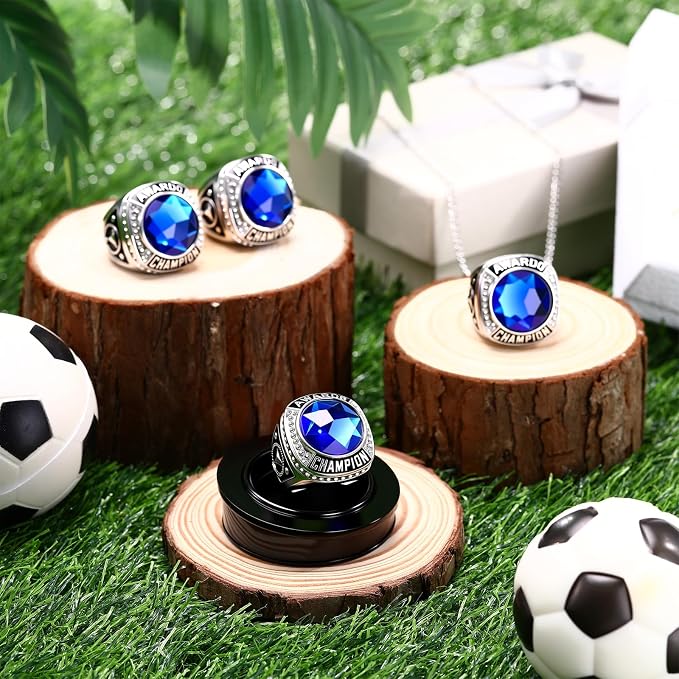 Landical 10 Pcs Championship Trophy Rings Bulk MVP Winner Youth Award Gift with Neck Chains and Display Stand for Basketball Baseball Football Volleyball Softball