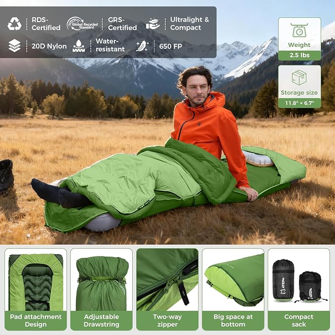 ATEPA Down Sleeping Bag for Adults, Recycled Ultralight 35°F 40°F 45°F 50°F 650FP / 700FP 3 Season Compact Sleeping Bags with Compression Sack for Backpacking Camping Hiking, Can Be Attached to Pad