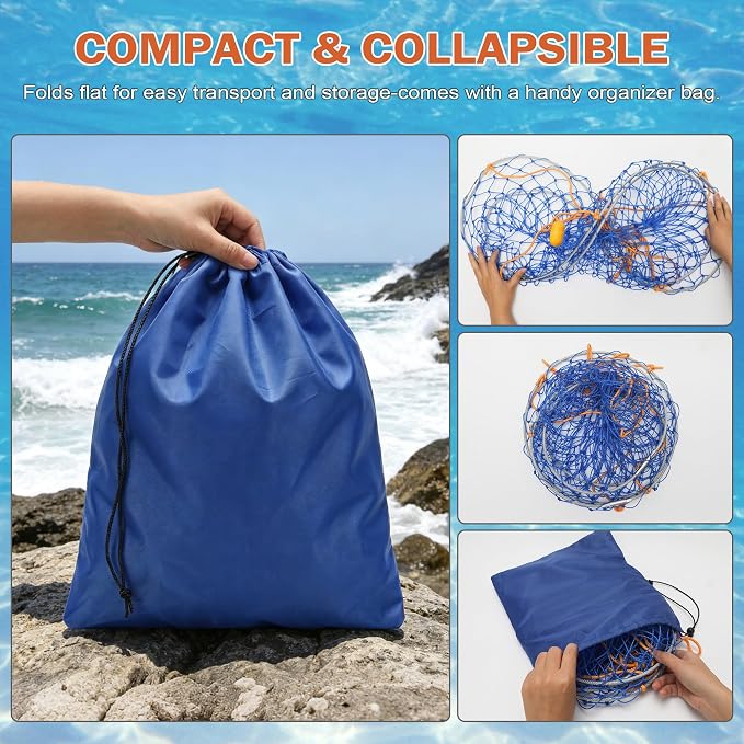 Collapsible Crab Trap Foldable Double Ring Crab Trap,Stainless Steel Ring Crabs Net Portable Crabbing net Set for Easy Storage with 100ft Rope,Bait Bag, Clip,Gauge for Dungeness, Rock and Blue Crabs