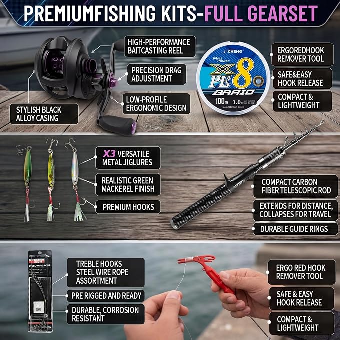 Left-Hand Bait Finesse System Telescopic Rod and Reel BFS Combo | Ultralight BFS kit with 5'10" UL carbon rod, left-hand baitcasting reel, 7g micro jigs, and deep-throat hook remover.