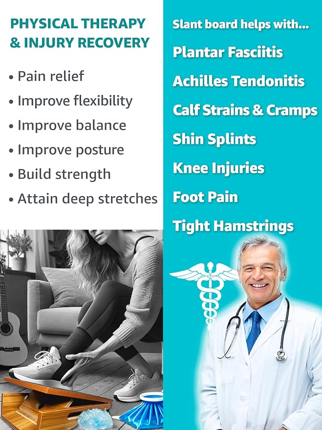 BAM Athletica's Physical Therapy Slant Board for Calf Stretching, Injury Recovery & Fitness | Adjustable Calf Stretcher Incline Board for Plantar Fasciitis Relief, Achilles Rehab, Squats & Exercise