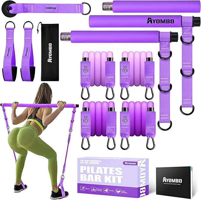 Ayombo Pilates Bar Kit with Resistance Bands, Pilates Workout Equipment for Legs, Hip, Waist, Arm, Squats Exercise Equipment for Home Workouts, Adjustable 3-Section Pilates Bar Kit for Women & Men