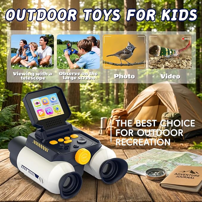 Binoculars for Kids with Night Vision, 2.4" HD Screen & 10X Zoom for Photo and Video - Outdoor Adventure Binoculars Bird Watching, Camping, Hiking, Gifts for Kids Ages 4+ (White)