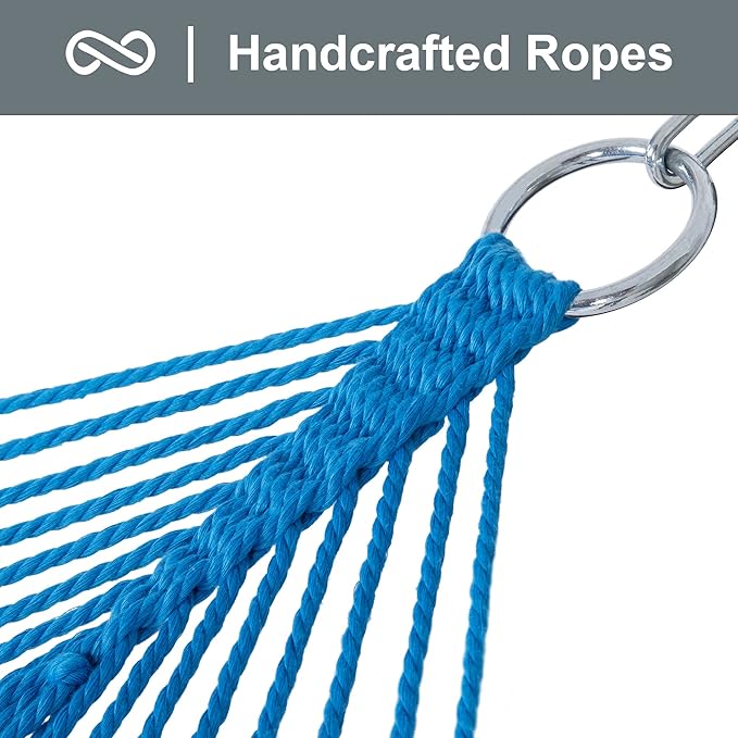 SUNCREAT Rope Hammock with Spreader Bar, Carrying Bag, 450 lbs Capacity, Two Person Hammock with Tree Hooks, Blue