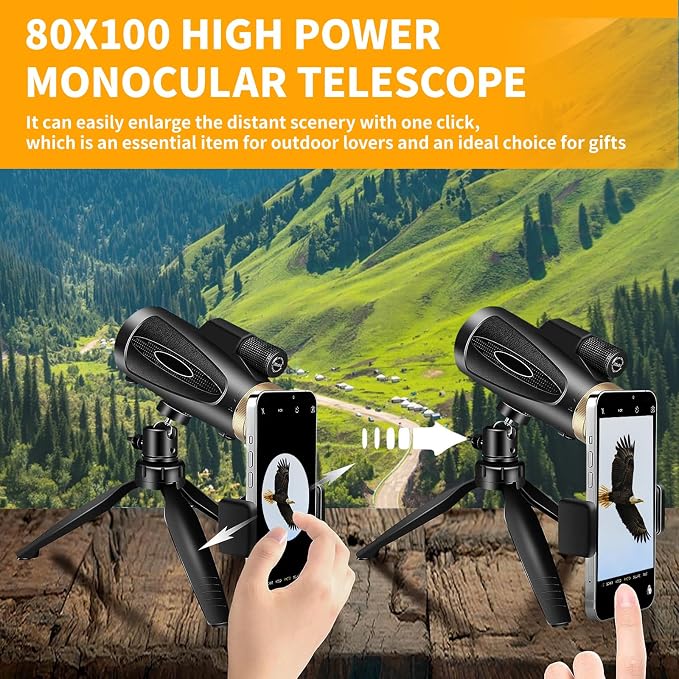 Monocular Telescope 80x100 HD Monoculars for Adults with Tripod & Phone Adapter, Monoculars for Stargazing Camping HikingTravel-Black