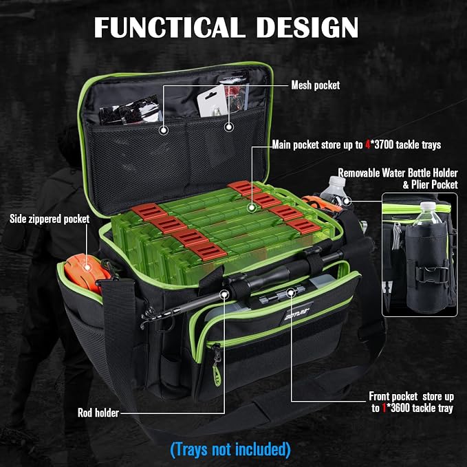 Goture Fishing Tackle Bag with 4PCS 3600 Tackle Boxes | 600D Water-Resistant, Rod Straps, Detachable Bottle Pouch,Waterproof Bottom, Freshwater & Saltwater Gear Storage Fishing Bag