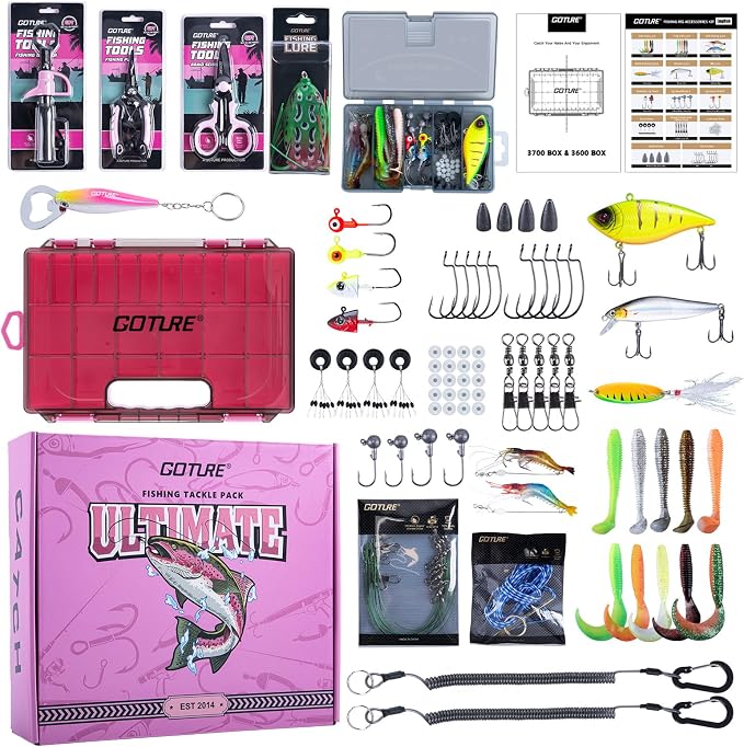 Goture Pink Fishing Kit, Fishing Lures with Tackle Box and Fishing Tool Kit Set for Women, Include Fish plier, Braid Scissors, Fishing Gripper with Gift box