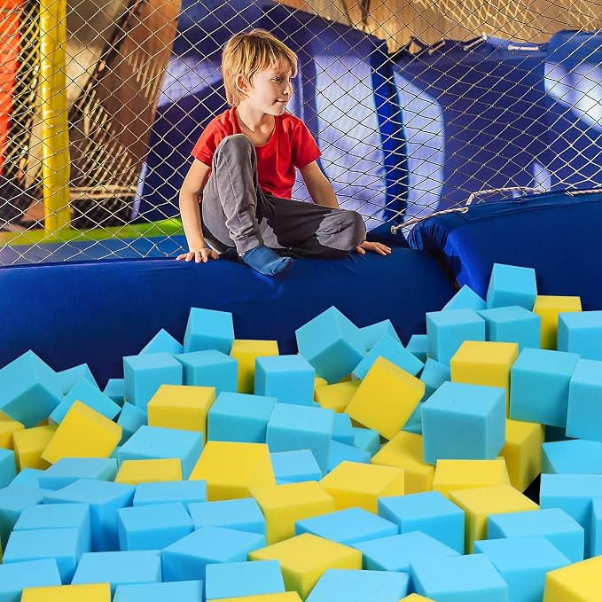 Foam Pit Cubes, 24 PCS 5 Inches Gymnastics Foam Blocks Trampoline Blocks, Multi-Sport Protective Padding for Freerunning, Trampoline, Parkour, Skate Parks & BMX - Blue & Yellow