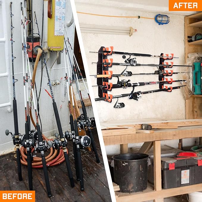 Hikeen Fishing Rod Holders, Fishing Pole Holders for Garage, Wall or Ceiling Mounted Fishing Rod Rack Holds Up to 10 Rods(2 Pack)