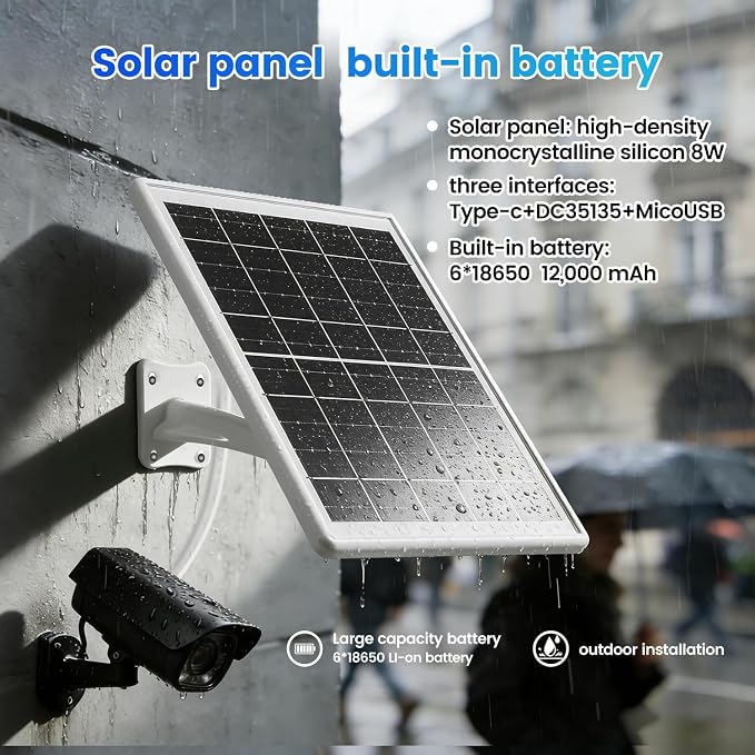 Solar Panel for Device DC 5V Type-C Micro USB DC Port builit in 12000mAh Battery for Cameras Also with 9.8ft Charging Cable IP65 Waterproof