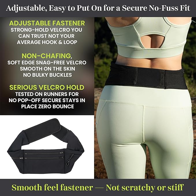 StashBandz Adjustable Running Belt and Travel Money Belt - 3 Large Zippered Pockets + Water Bottle Holder, No-Bounce Fanny Pack with Key Clip, Fits Any Size Phone, Passport & More, Black, Small