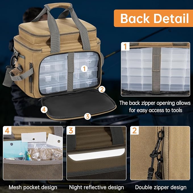 Fishing Tackle Bag - Holds 3400-3600 Size Tackle Boxes (Kahki) | Fit Saltwater & Freshwater & Night Fishing, Reflective Strip Design, Durable Material, Lagre Capacity, Padded Shoulder Strap