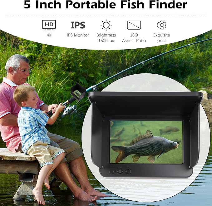 Underwater Fishing Camera 5 Inch, 4K HD IPS Monitor Fish Finder 220° Wide Angle IP68 Waterproof Infrared Night Vision with 98ft Cable, 8000mAh Fishing Camera Gift for Men,Ice Lake Boat River Fishing